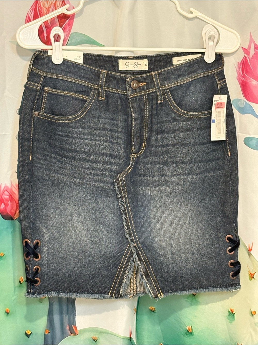 NWT Jessica Simpson Adorn High Waist Denim Mini Skirt Size 25 Lace Up Sides Dark